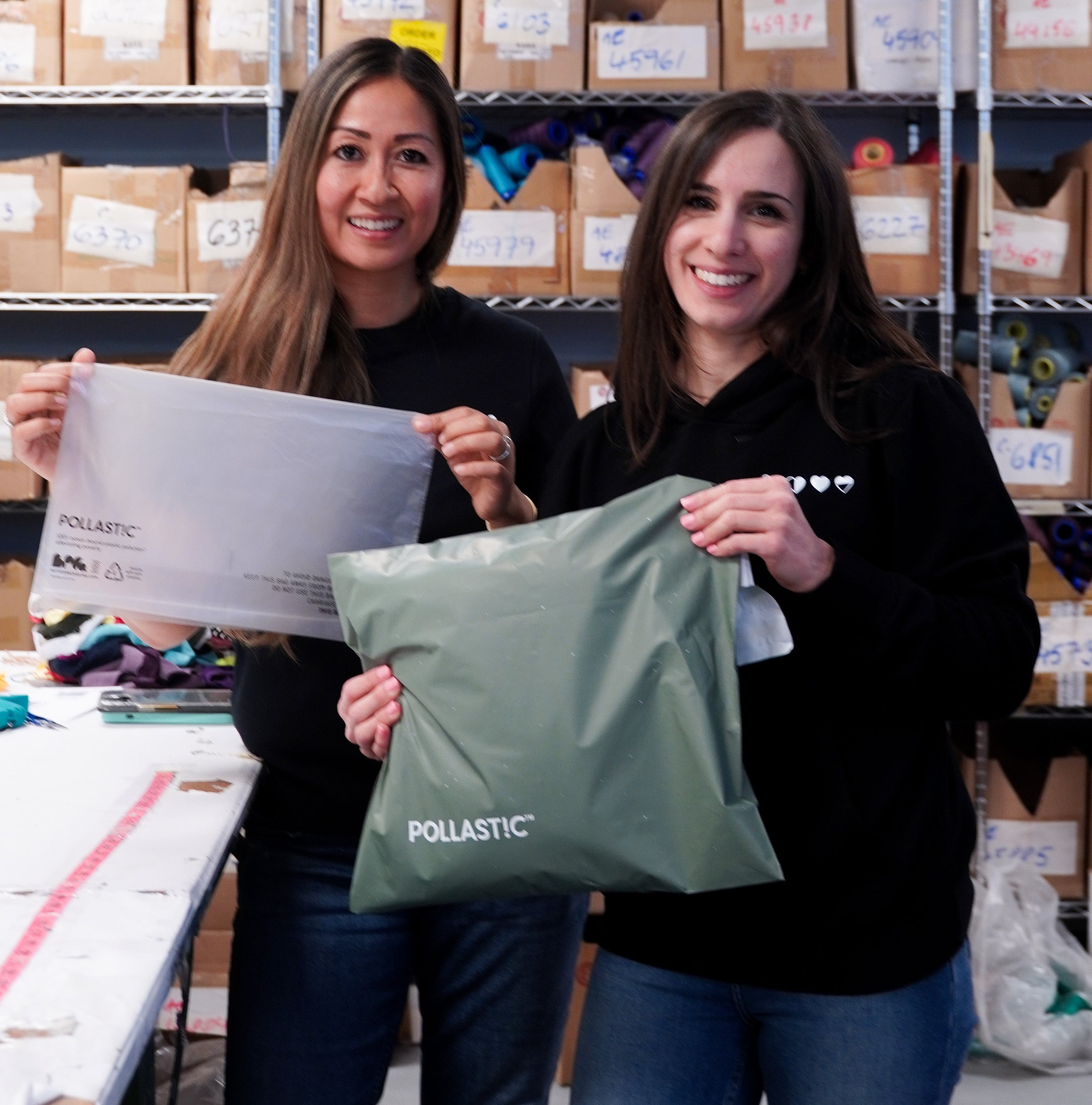 HeartWear Co. founders holding eco-friendly Pollastic packaging made from ocean-bound plastic waste.