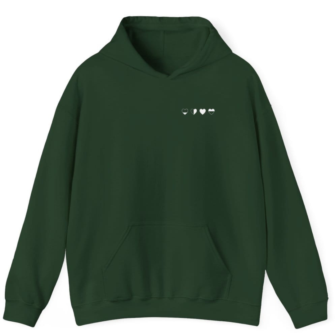 Healing Hearts hoodie in green showing four hearts design on front — sustainable, symbolic hoodie
