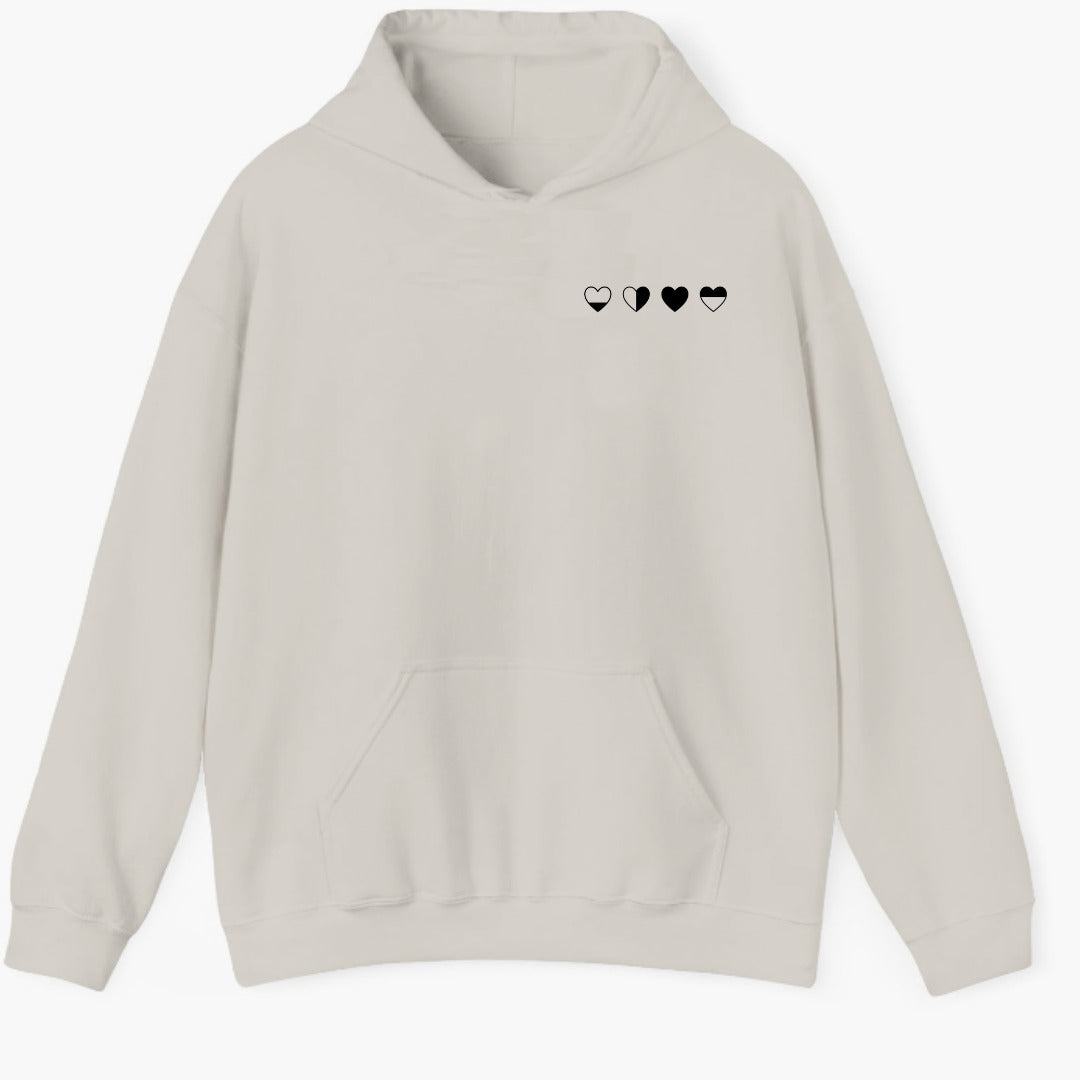 Healing Hearts hoodie in stone color showing four hearts symbol on front — emotional healing wear