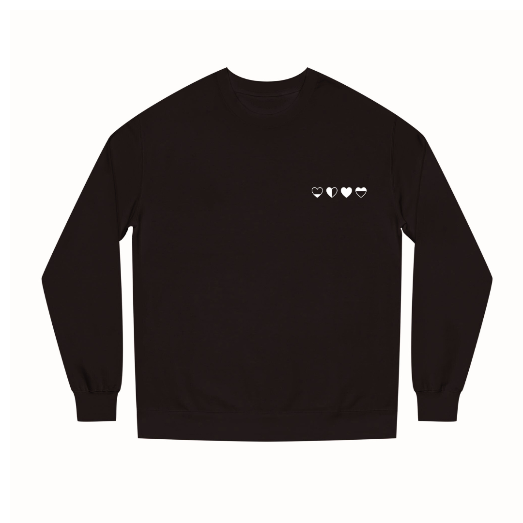 Black Heart Sweater with four hearts, representing self-care, resilience, and everyday comfort — made in Canada by HeartWear Co.
