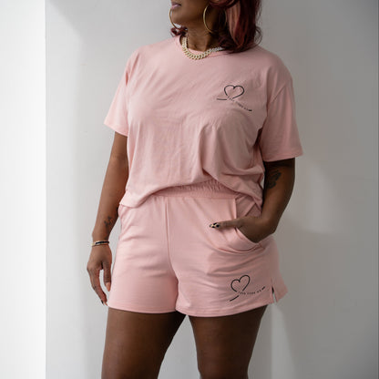 Pink Love Loungewear top and shorts set – premium self-care apparel designed for women navigating grief and healing