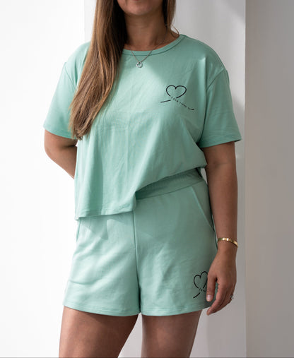 Pistachio green Love Loungewear top and shorts set – sustainable emotional wellness clothing for women