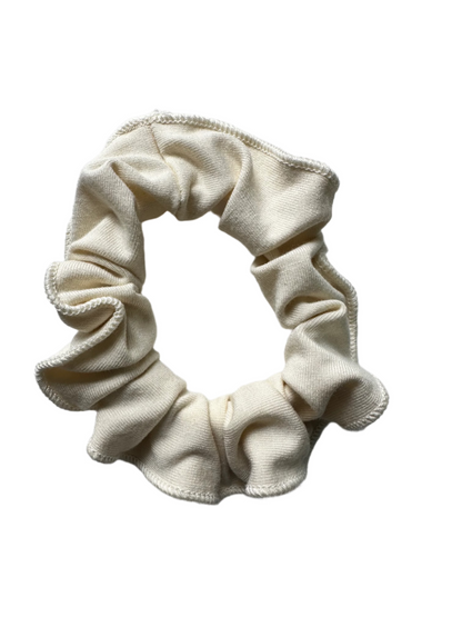 bamboo cotton scrunchies in pink, natural, and pistachio displayed individually, made from fabric remnants.