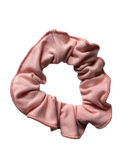 bamboo cotton scrunchie in pink, natural, and pistachio displayed individually, made from fabric remnants.