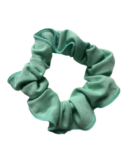 bamboo cotton scrunchies in pink, natural, and pistachio displayed individually, made from fabric remnants